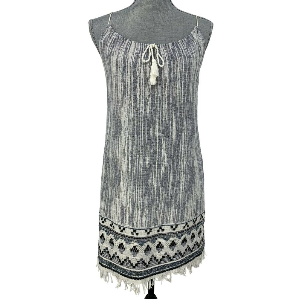 Drew Anthropologie Blue Ivory Woven Ikat Tunic Dress Fringe Hem Tie Neck Size XS